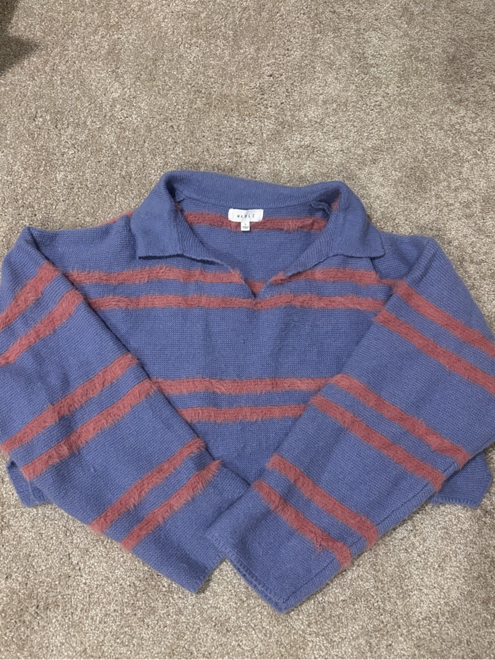 MARBLE Blue Sweater with Rust Stripes V-Neck Polo